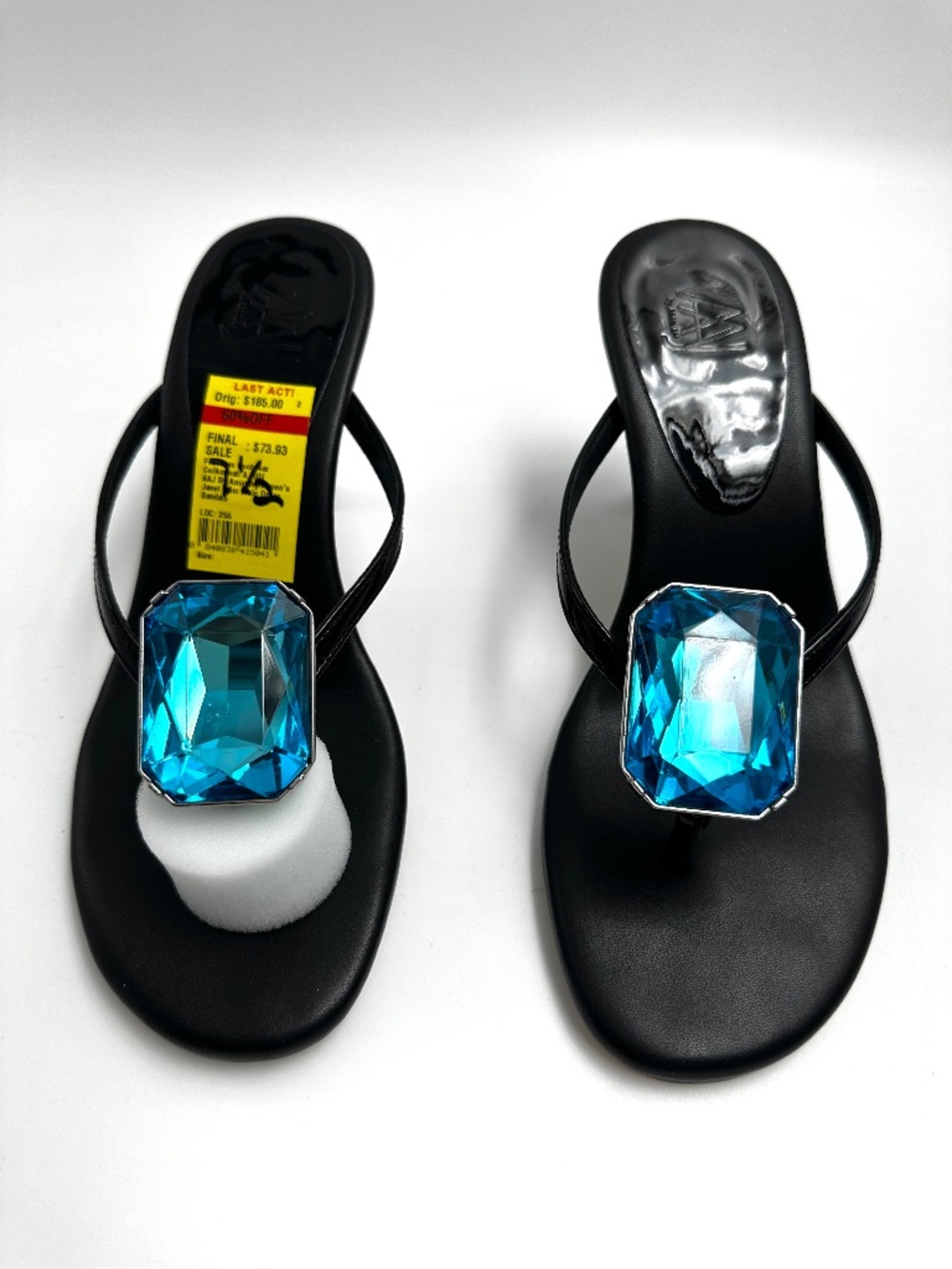 AAJ By Aminah Slippers Black Thong Heel Sandals with turquoise Gem Accent